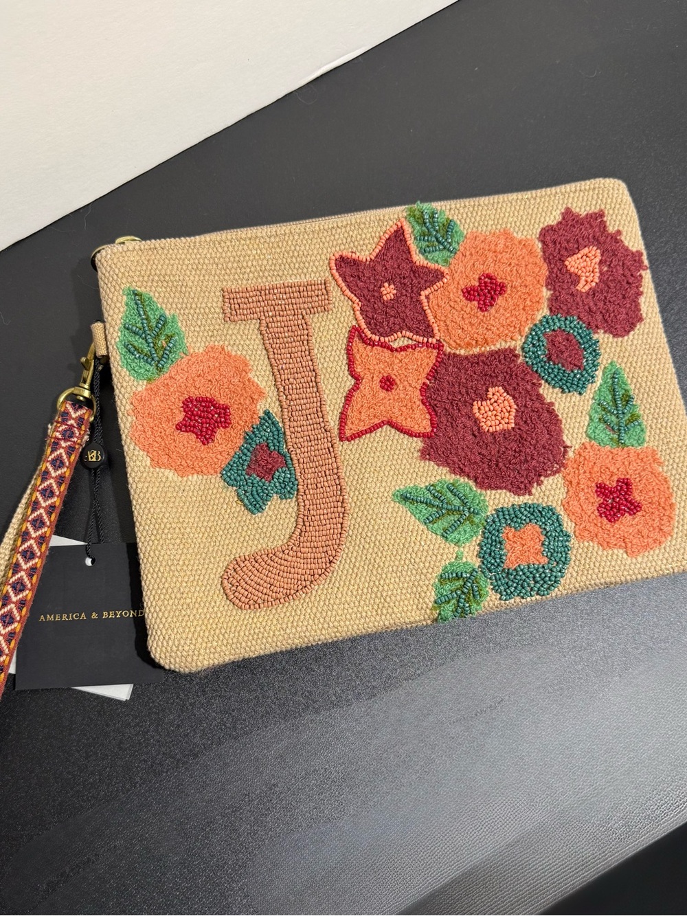 Monogram J Floral Beaded Wristlet Pouch